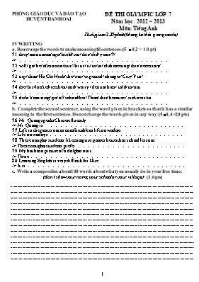 Đề thi olympic môn Tiếng Anh Lớp 7 - Phần viết - Năm học 2012-2013 - Phòng GD & ĐT Thanh Oai